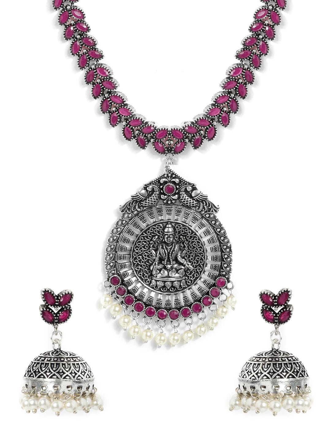 Rubans Silver Plated Handcrafted Oxidised Faux Ruby with Devine Lakshmi Necklace Set Necklace Set