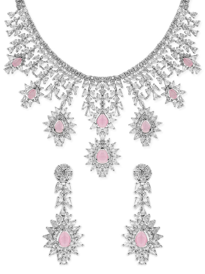 Rubans Silver Plated Handcrafted Pink AD Stone Studded Necklace Set. Necklace Set