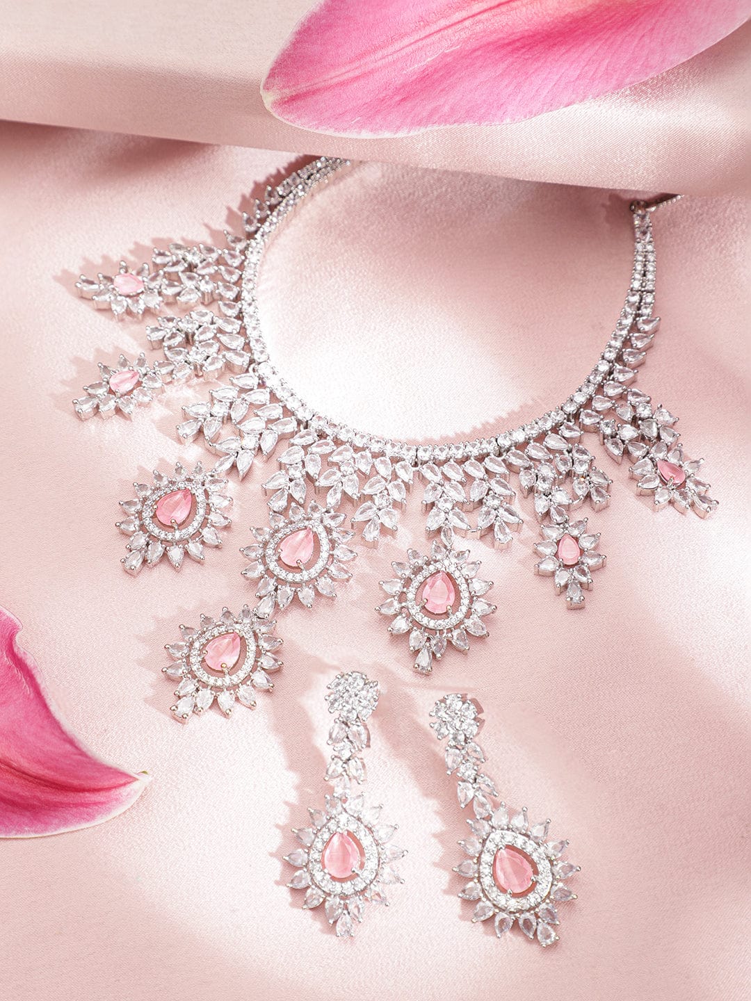 Rubans Silver Plated Handcrafted Pink AD Stone Studded Necklace Set. Necklaces, Necklace Sets, Chains & Mangalsutra