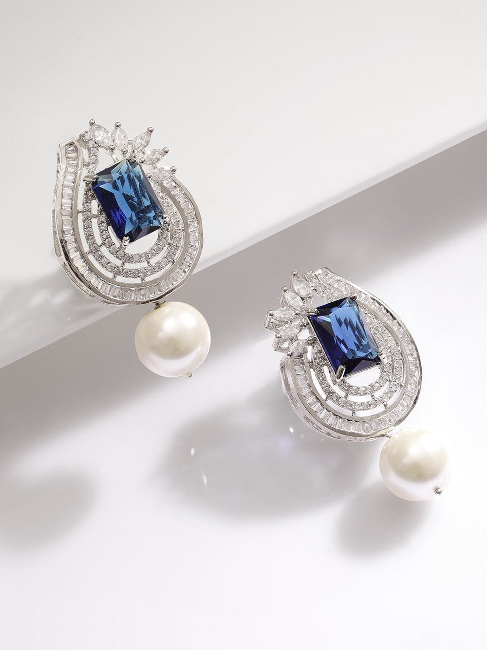 Rubans Silver Plated High Quality Cubic Zirconia & Blue Sapphire Studded Beaded Drop Earrings Earrings