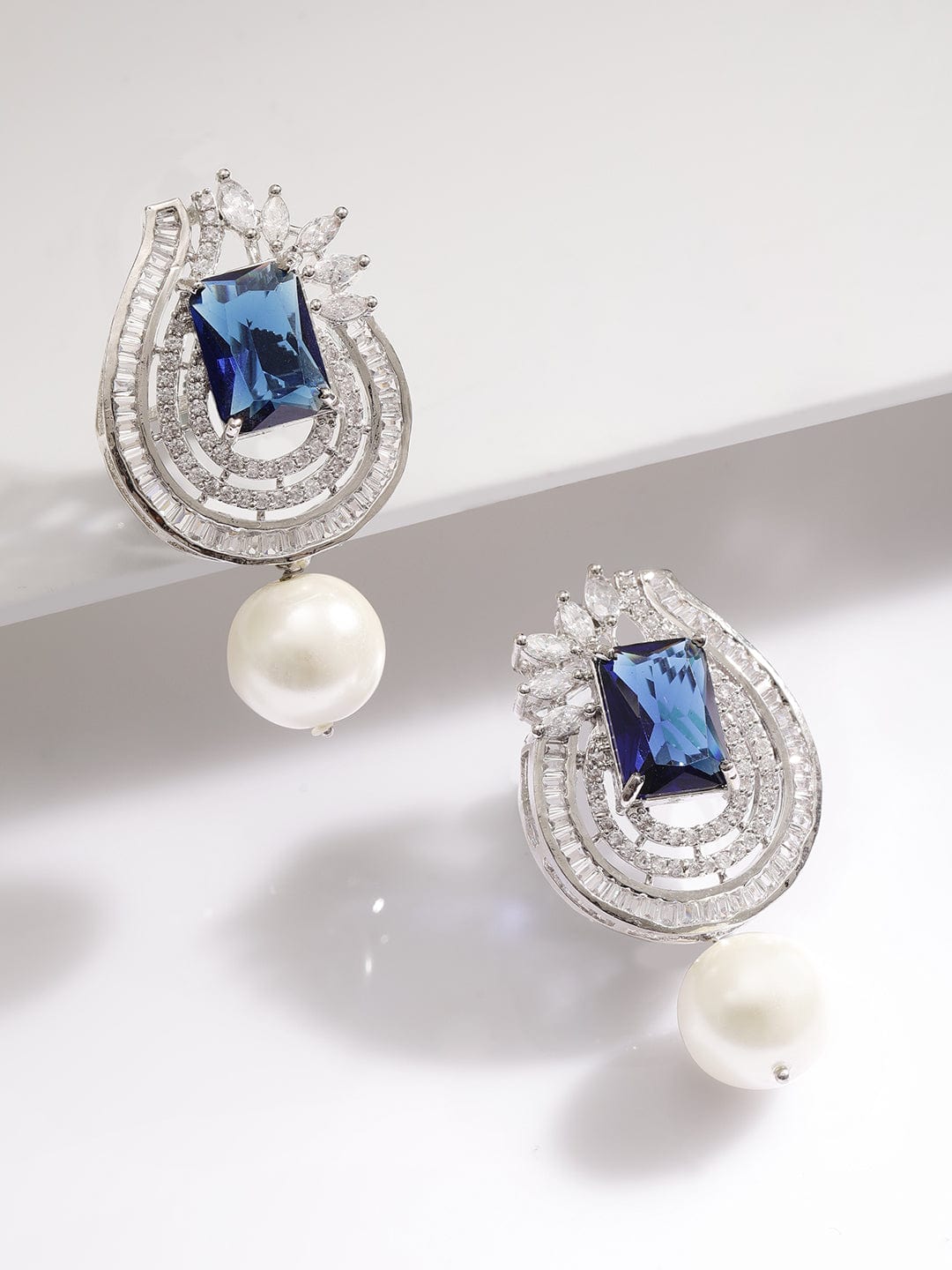 Rubans Silver Plated High Quality Cubic Zirconia & Blue Sapphire Studded Beaded Drop Earrings Earrings