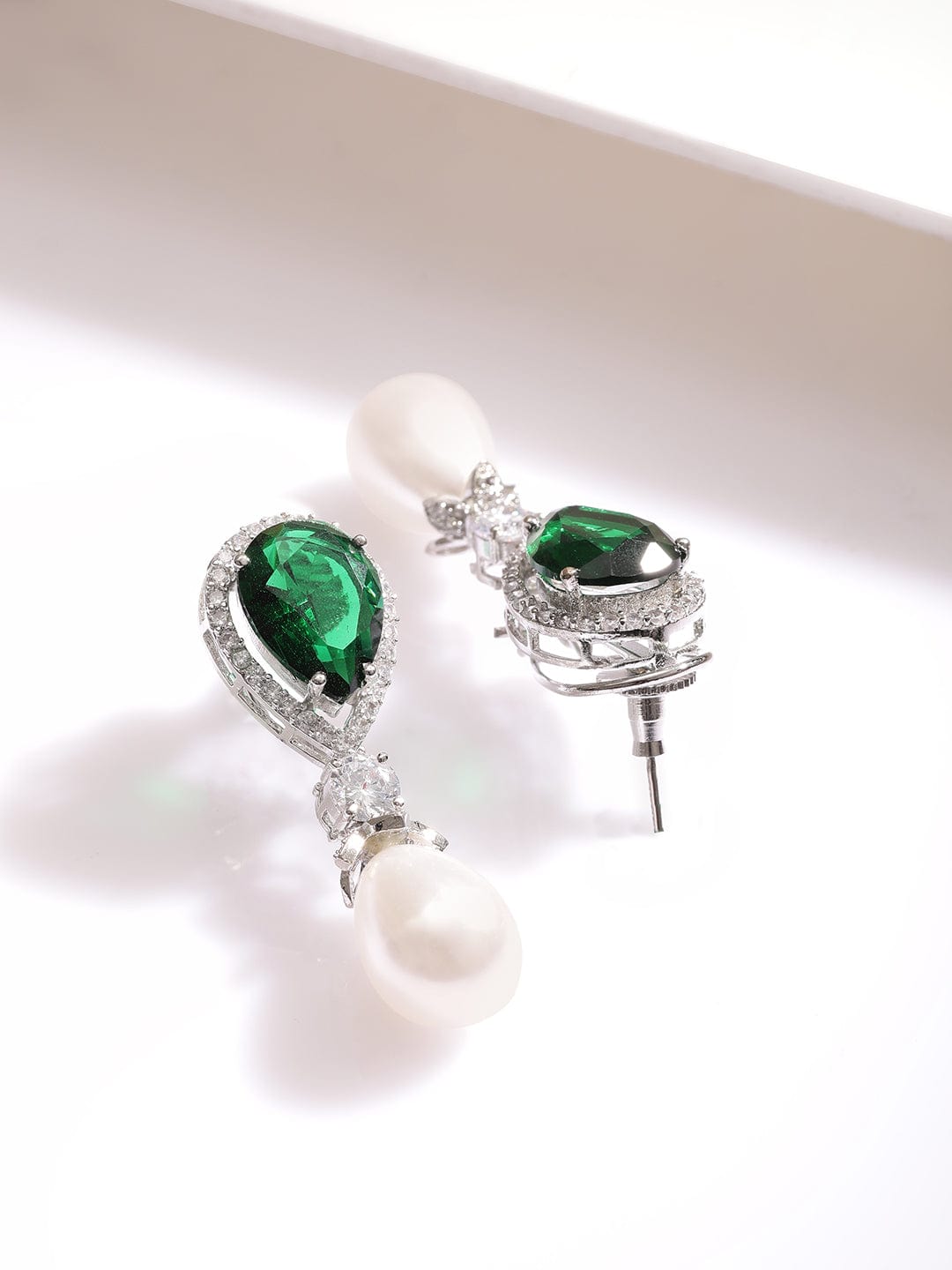 Rubans Silver Plated High Quality Cubic Zirconia & Emerald Studded White Beaded Drop Earrings Earrings
