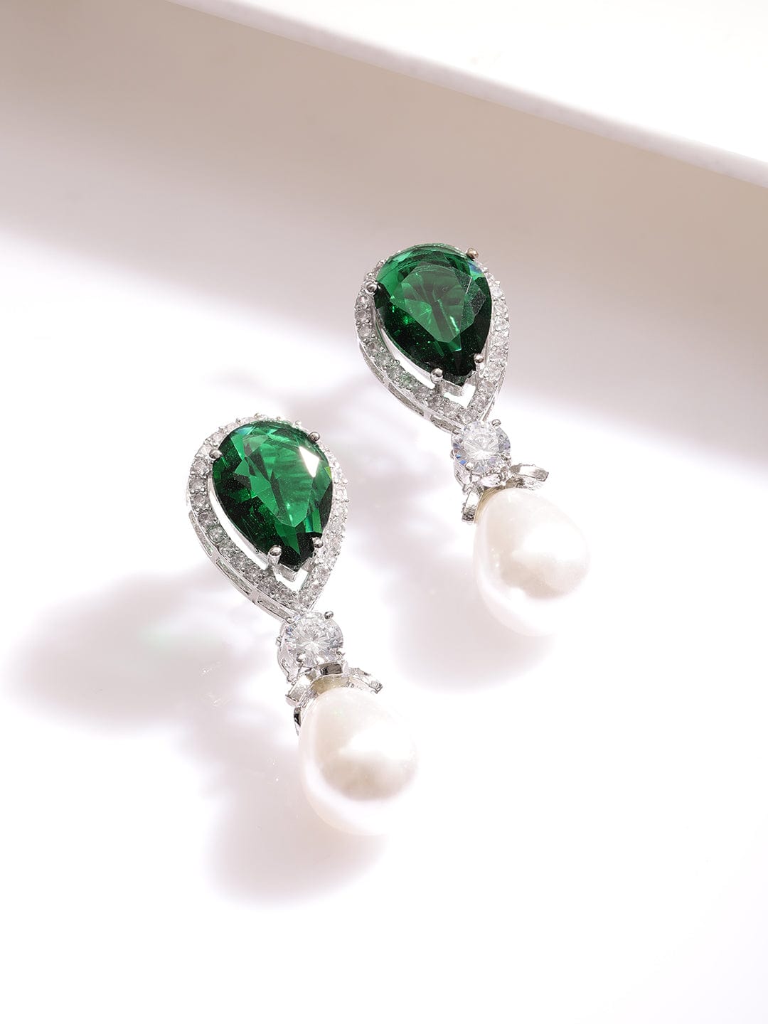 Rubans Silver Plated High Quality Cubic Zirconia & Emerald Studded White Beaded Drop Earrings Earrings
