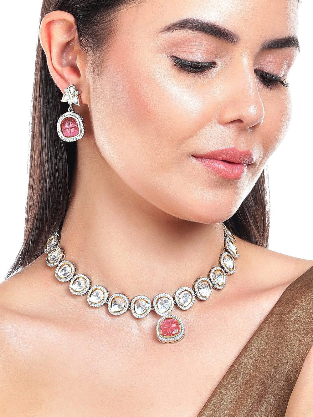 Rubans Silver Plated Kundan Necklace With Studded Pink Stones Necklaces, Necklace Sets, Chains & Mangalsutra