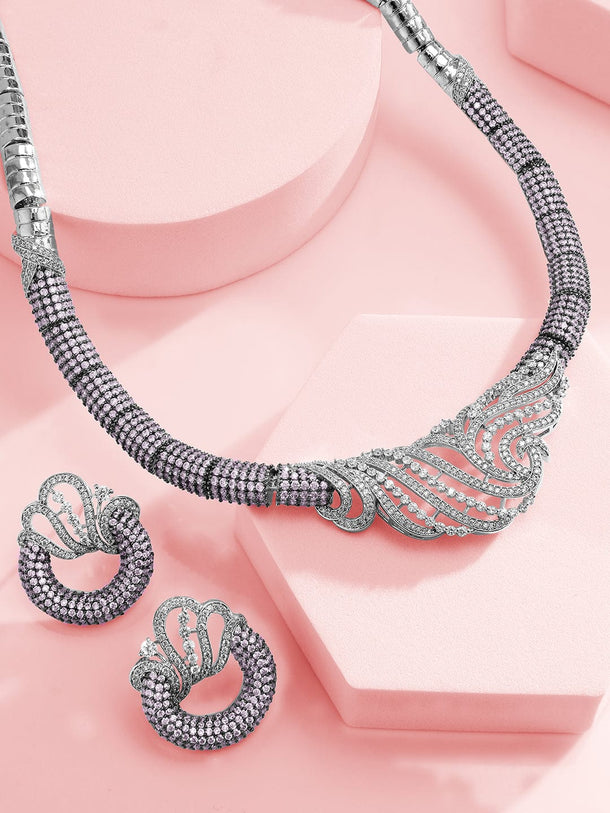 Rubans Silver-Plated Lavender & AAA Cubic Zirconia Studded Statement Necklace Set with Artistic Wave Design Jewellery Set