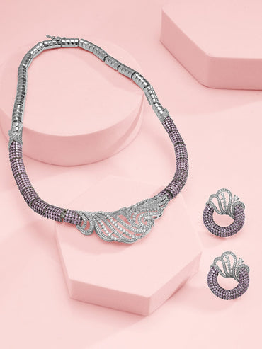 Rubans Silver-Plated Lavender & AAA Cubic Zirconia Studded Statement Necklace Set with Artistic Wave Design Jewellery Set