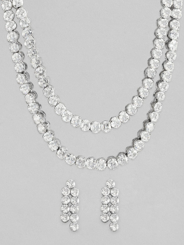 Rubans Silver Plated Layered Necklace Set With Studded American Diamonds Necklace Set