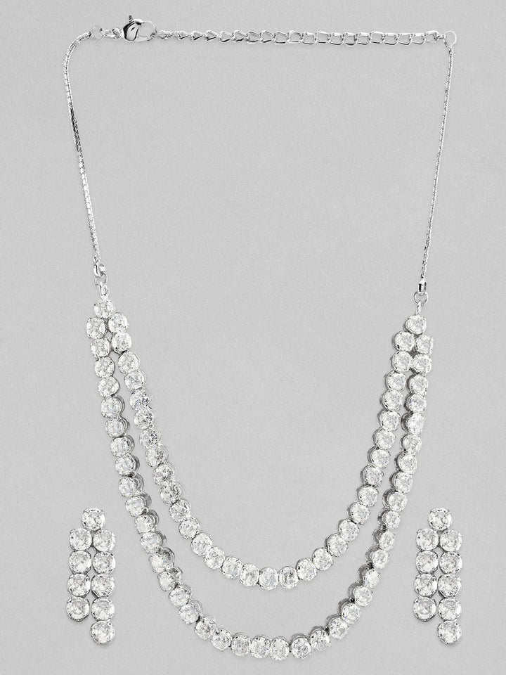 Rubans Silver Plated Layered Necklace Set With Studded American Diamonds Necklace Set