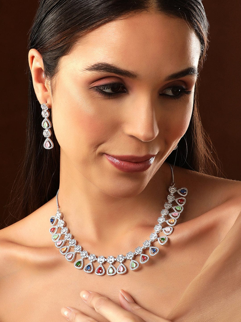 Rubans Silver Plated Multicoloured Stone Studded American Diamond Necklace Set. Necklace Set