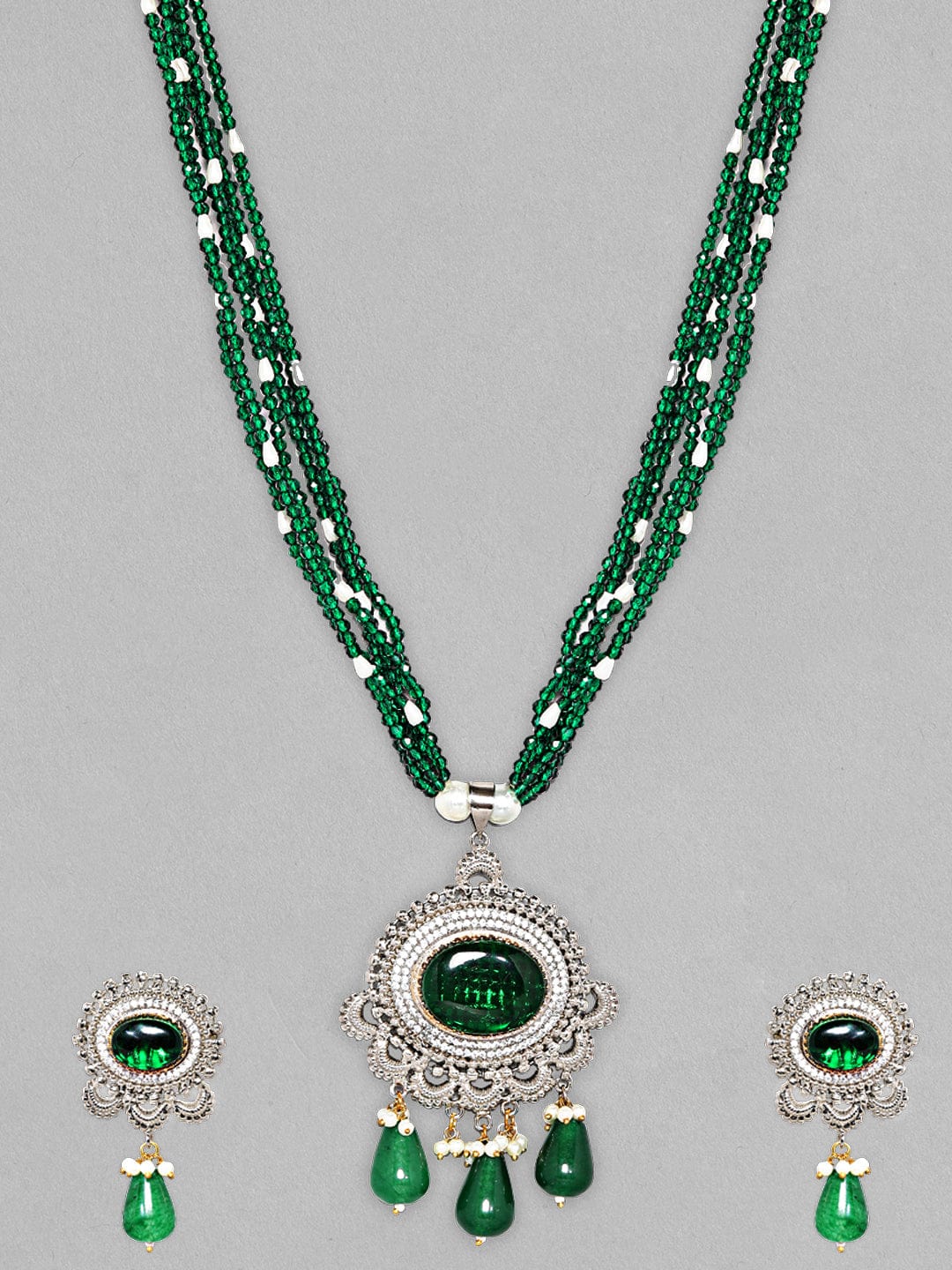 Rubans Silver Plated Necklace Set With Emerald Stone, Beads And AD Necklace Set