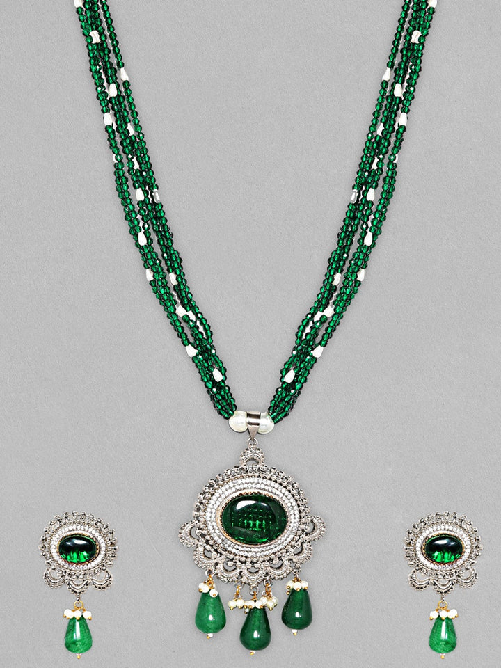 Rubans Silver Plated Necklace Set With Emerald Stone, Beads And AD Necklace Set