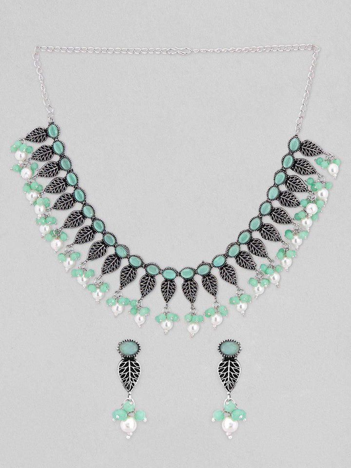 Rubans Silver-Plated Oxidised Green Stone & Pearls Studded Necklace Set Necklace Set