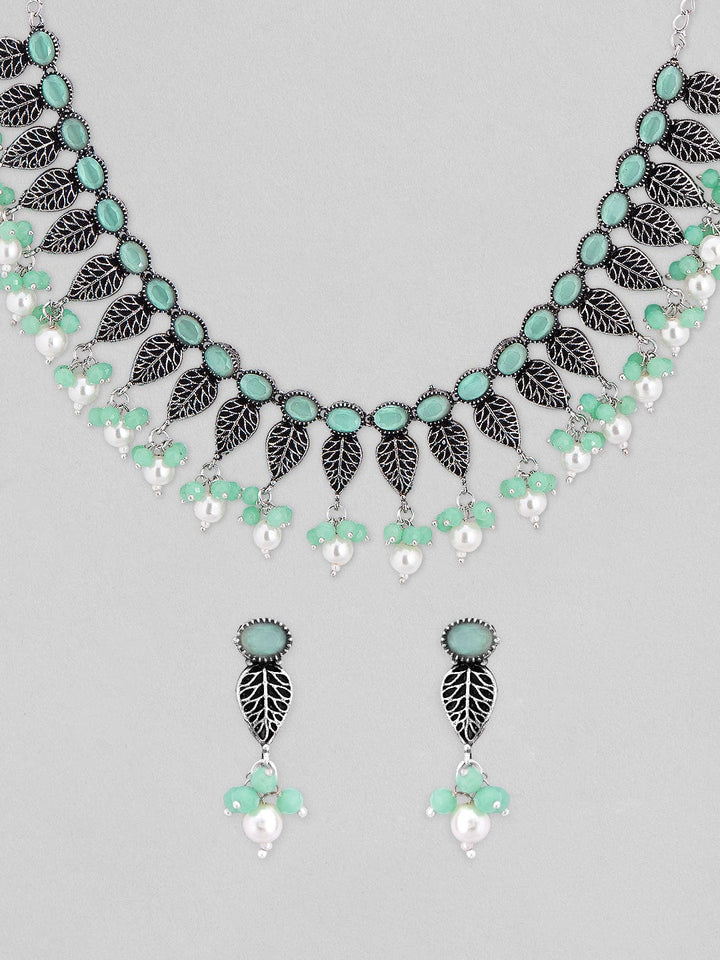 Rubans Silver-Plated Oxidised Green Stone & Pearls Studded Necklace Set Necklace Set