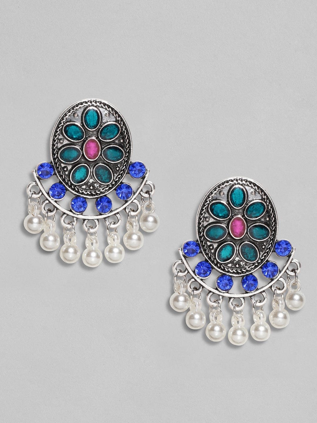 Rubans  Silver Plated Oxidised Handcrafted Color Stone Drop Earrings Earrings