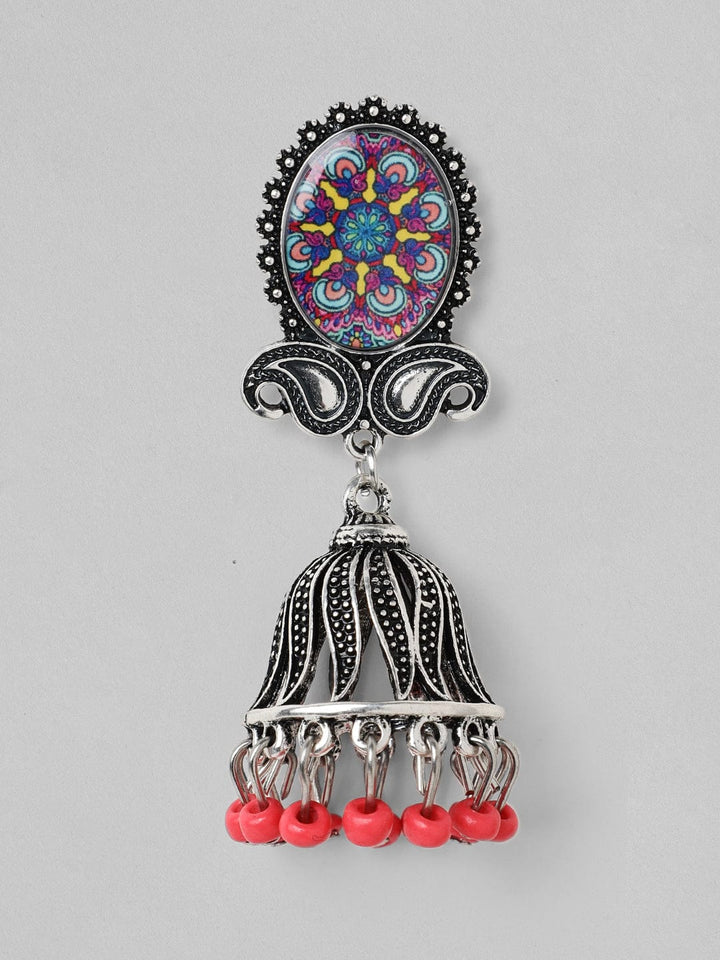 Rubans  Silver Plated Oxidised Handcrafted Enamel Jhumka Earrings Earrings