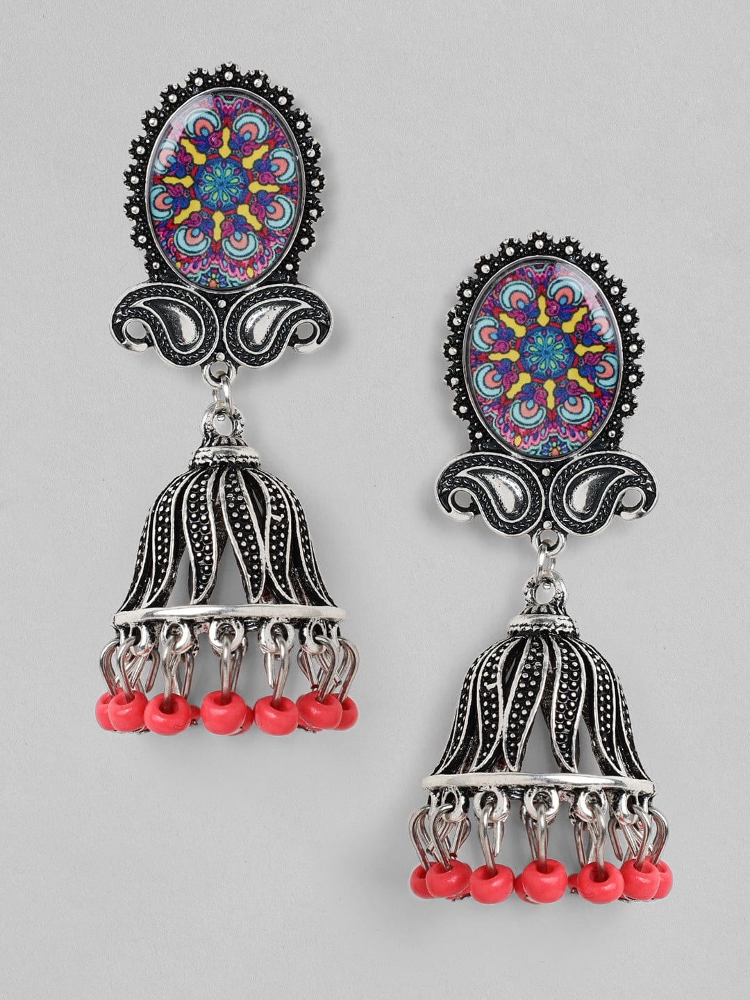 Rubans  Silver Plated Oxidised Handcrafted Enamel Jhumka Earrings Earrings