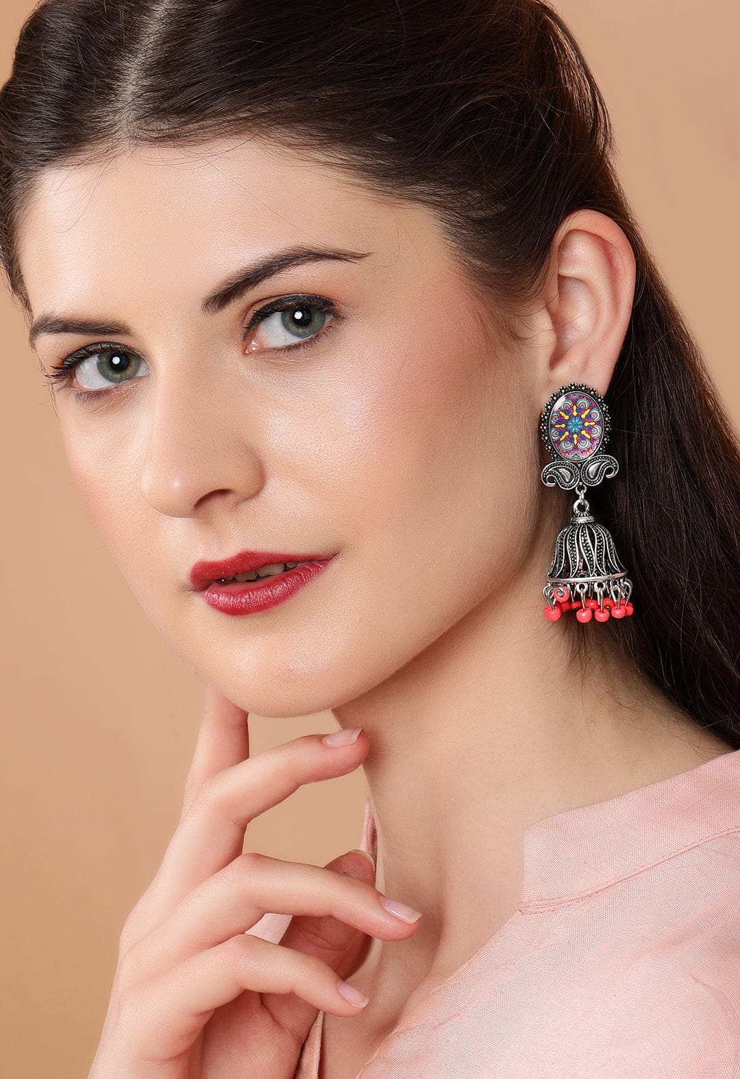 Rubans  Silver Plated Oxidised Handcrafted Enamel Jhumka Earrings Earrings