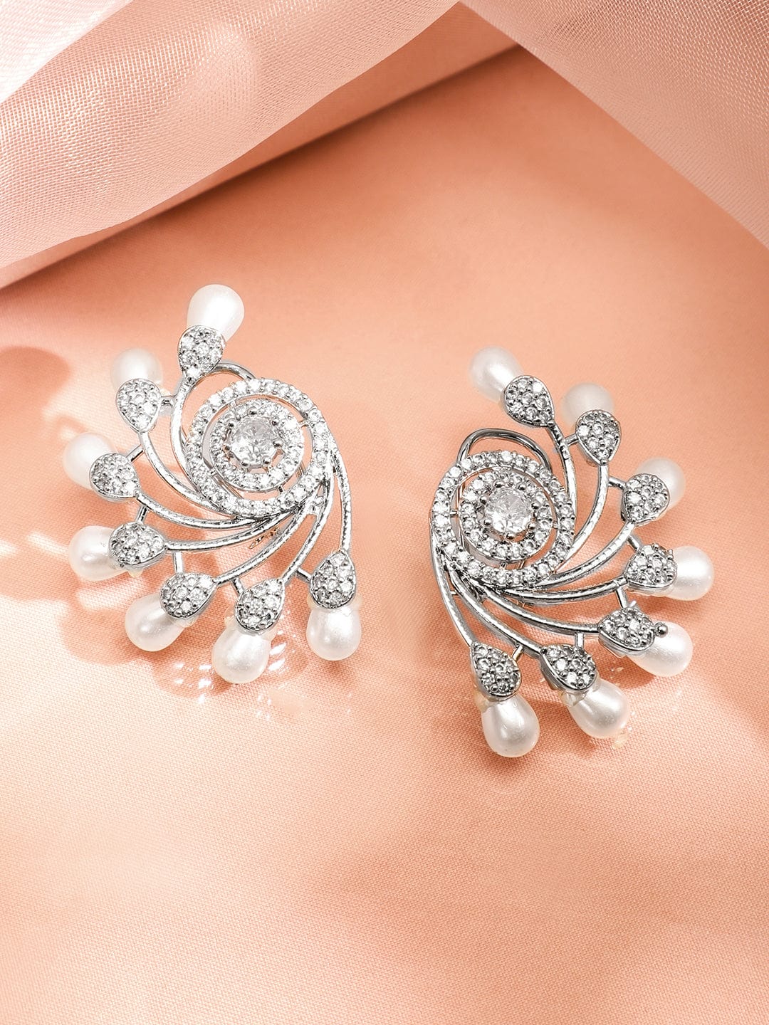 Rubans Silver-Plated Pearls & Cubic Zirconia Studded Oversized Premium Floral Stud Earrings Studs Earrings