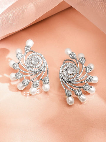 Rubans Silver-Plated Pearls & Cubic Zirconia Studded Oversized Premium Floral Stud Earrings Studs Earrings
