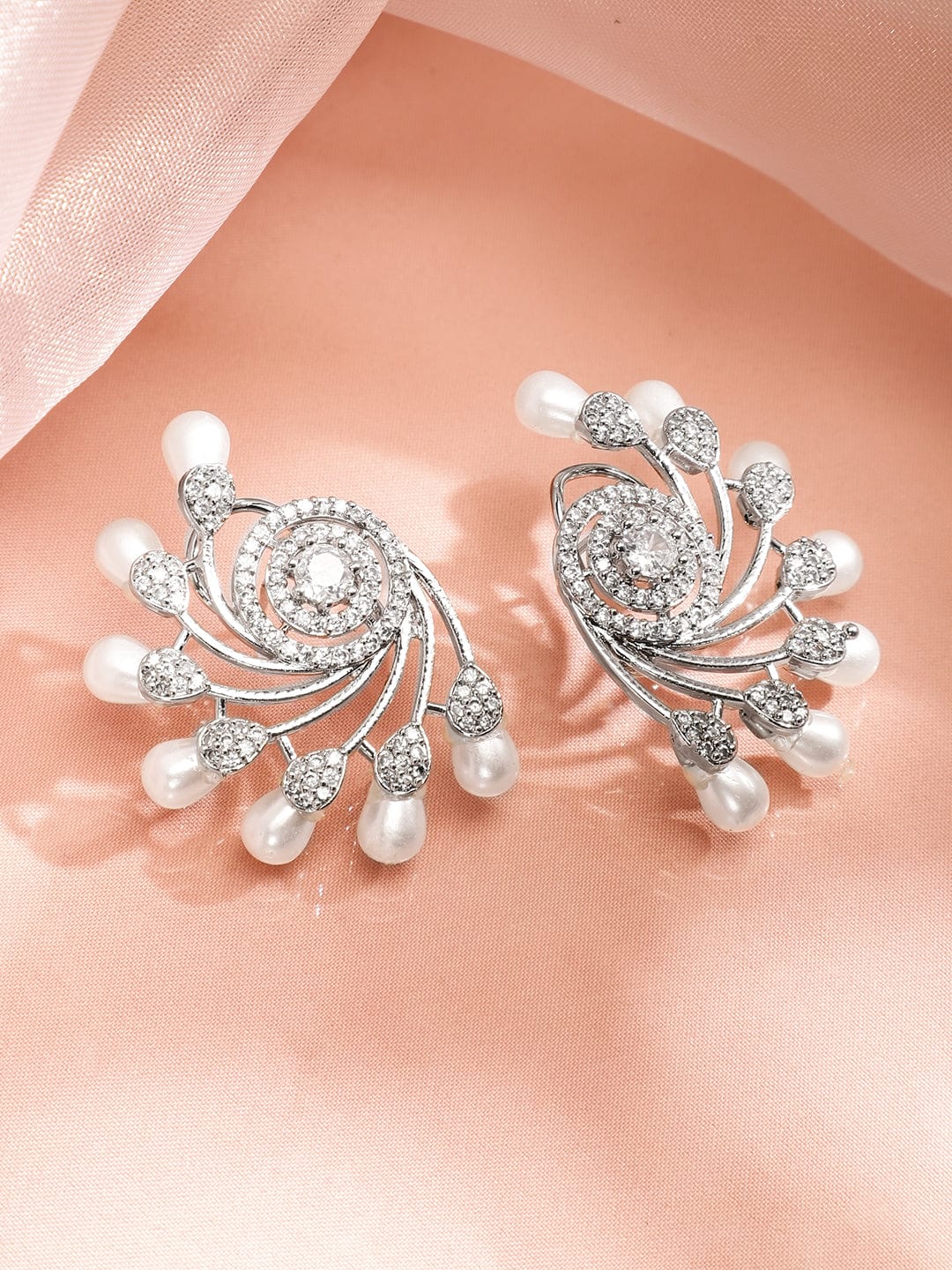 Rubans Silver-Plated Pearls & Cubic Zirconia Studded Oversized Premium Floral Stud Earrings Studs Earrings