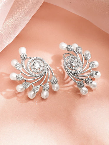 Rubans Silver-Plated Pearls & Cubic Zirconia Studded Oversized Premium Floral Stud Earrings Studs Earrings