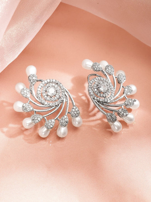 Rubans Silver-Plated Pearls & Cubic Zirconia Studded Oversized Premium Floral Stud Earrings Studs Earrings