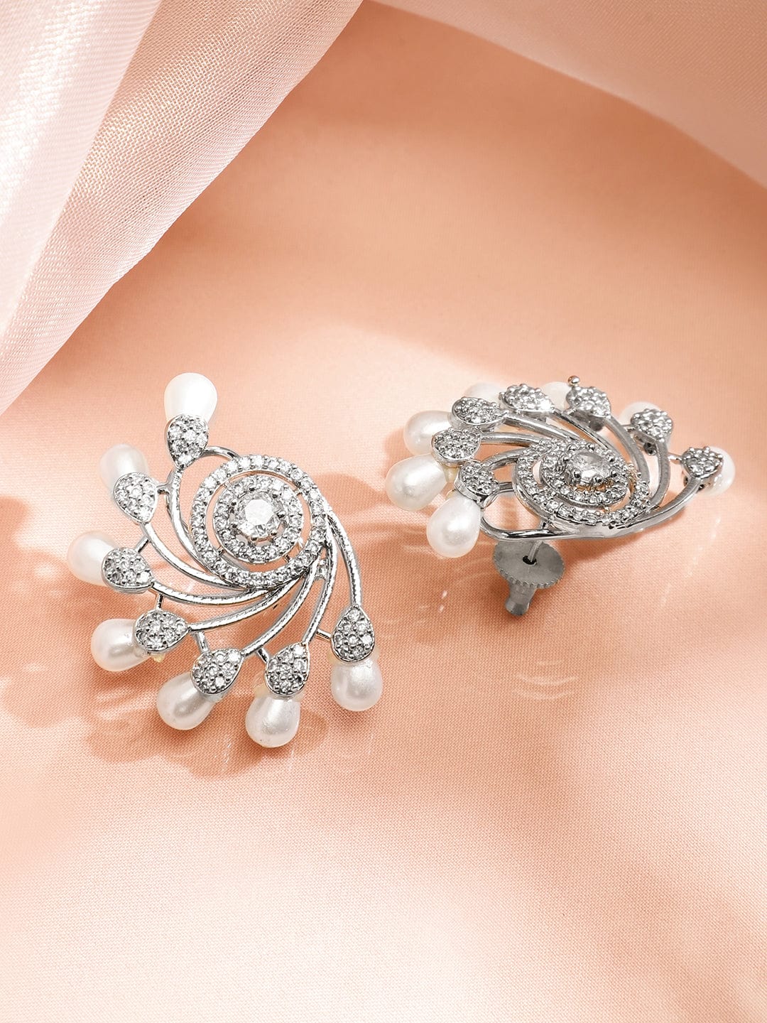 Rubans Silver-Plated Pearls & Cubic Zirconia Studded Oversized Premium Floral Stud Earrings Studs Earrings