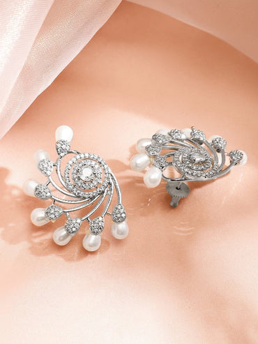 Rubans Silver-Plated Pearls & Cubic Zirconia Studded Oversized Premium Floral Stud Earrings Studs Earrings