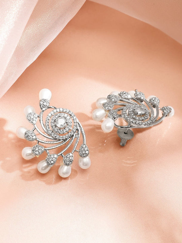 Rubans Silver-Plated Pearls & Cubic Zirconia Studded Oversized Premium Floral Stud Earrings Studs Earrings