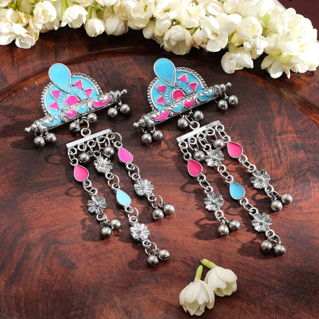 Rubans Silver-Plated Pink & Blue Enamel Cascading Dangle Earrings with Silver Beads Drop Earrings