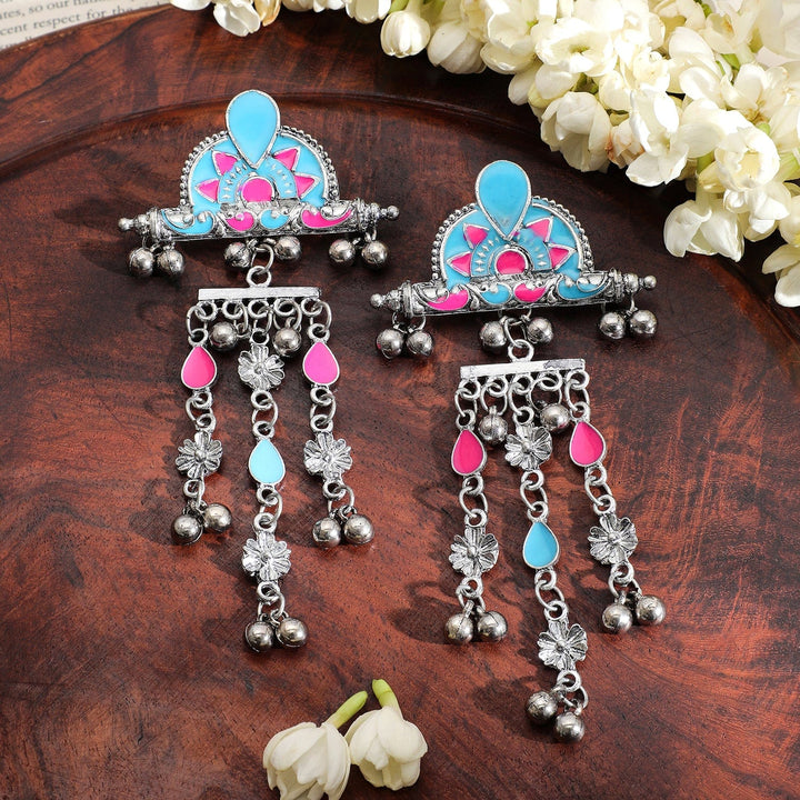 Rubans Silver-Plated Pink & Blue Enamel Cascading Dangle Earrings with Silver Beads Drop Earrings