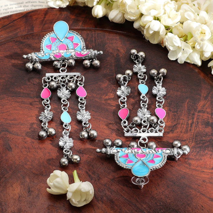 Rubans Silver-Plated Pink & Blue Enamel Cascading Dangle Earrings with Silver Beads Drop Earrings