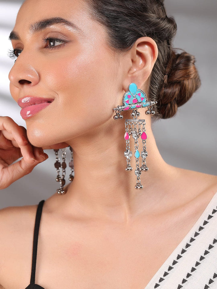 Rubans Silver-Plated Pink & Blue Enamel Cascading Dangle Earrings with Silver Beads Drop Earrings