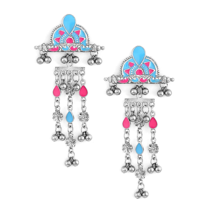 Rubans Silver-Plated Pink & Blue Enamel Cascading Dangle Earrings with Silver Beads Drop Earrings