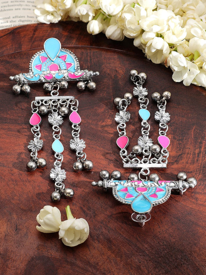 Rubans Silver-Plated Pink & Blue Enamel Cascading Dangle Earrings with Silver Beads Earrings