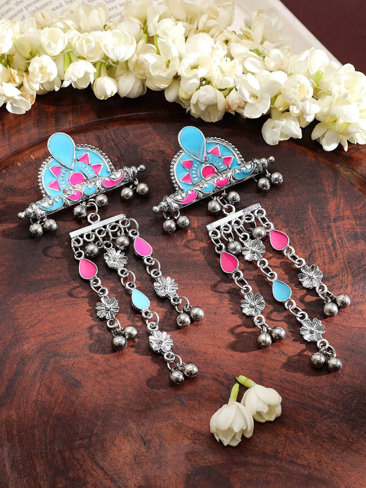 Rubans Silver-Plated Pink & Blue Enamel Cascading Dangle Earrings with Silver Beads Earrings