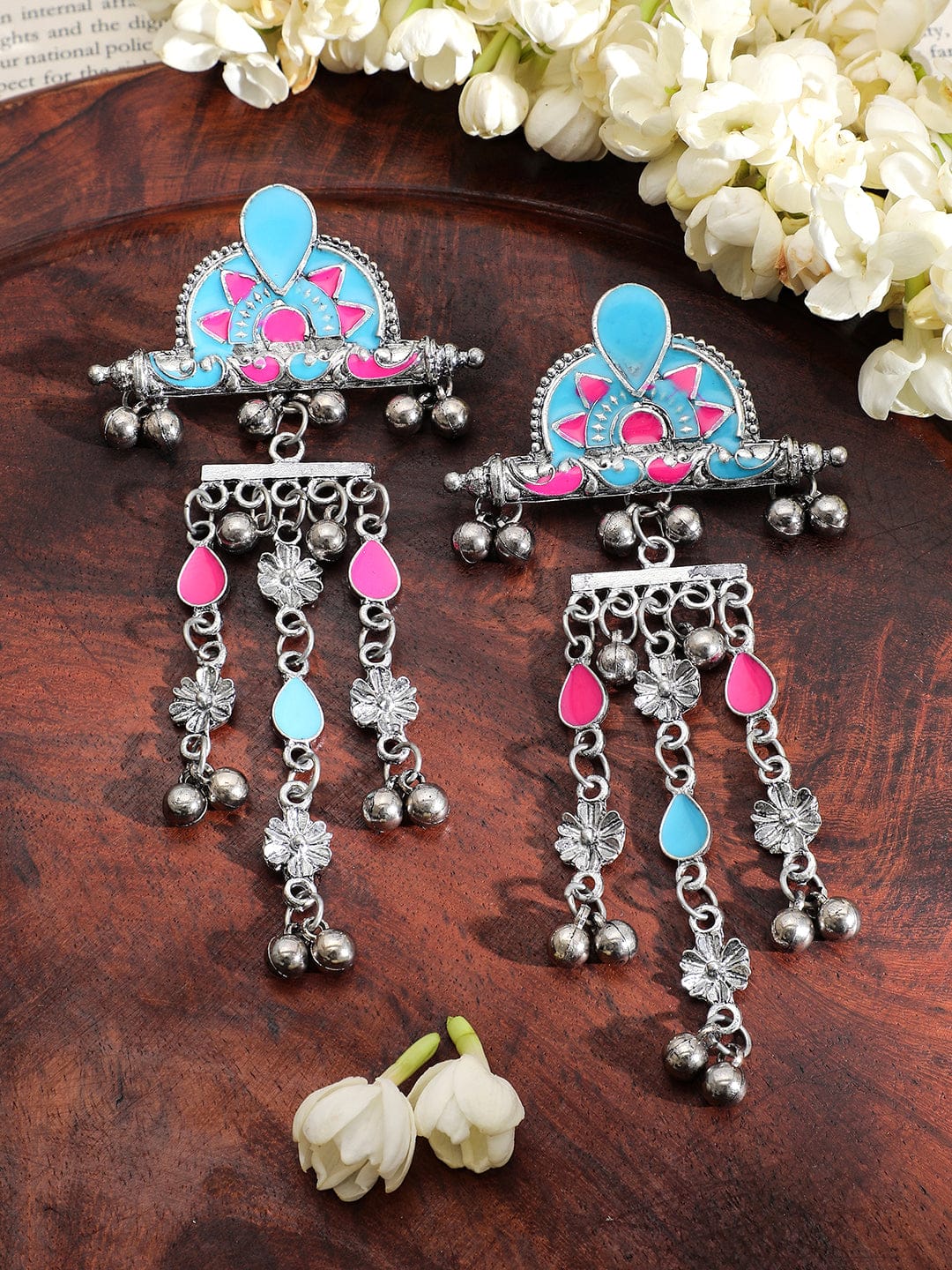 Rubans Silver-Plated Pink & Blue Enamel Cascading Dangle Earrings with Silver Beads Earrings