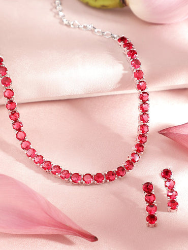 Rubans Silver-Plated Pink Stone Studded Handcrafted Jewellery Set Necklaces, Necklace Sets, Chains & Mangalsutra