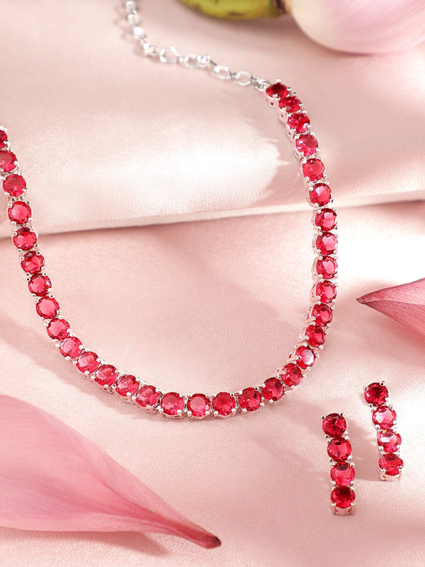 Rubans Silver-Plated Pink Stone Studded Handcrafted Jewellery Set Necklaces, Necklace Sets, Chains & Mangalsutra