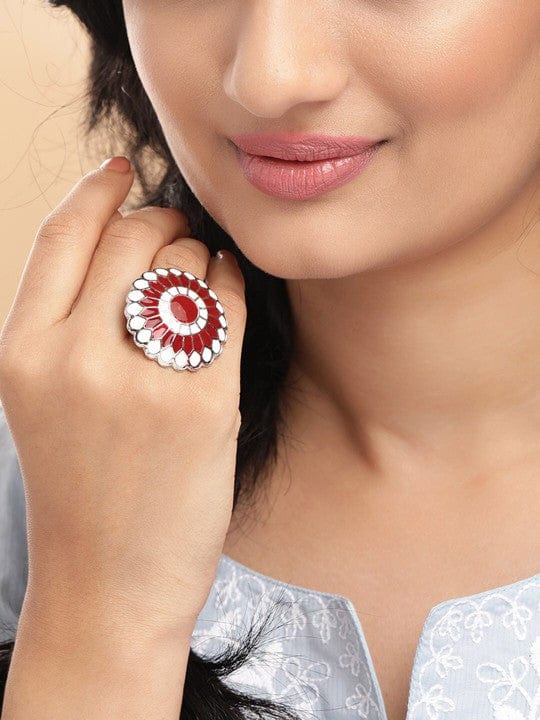 Rubans Silver-Plated Red & White Enamelled Handcrafted Adjustable Finger Ring Rings