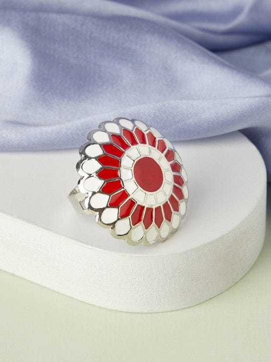 Rubans Silver-Plated Red & White Enamelled Handcrafted Adjustable Finger Ring Rings