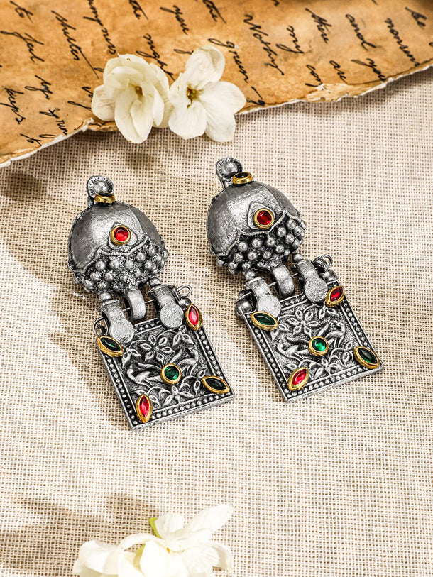 Rubans Silver-Plated Ruby Emerald Stone-Studded & Beaded Square Motif Necklace & Earrings Jewellery Set