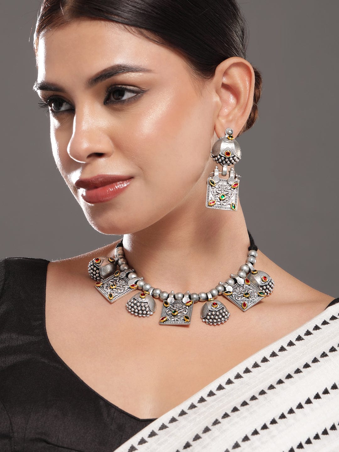 Rubans Silver-Plated Ruby Emerald Stone-Studded & Beaded Square Motif Necklace & Earrings Necklace Set