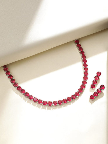 Rubans Silver Plated Ruby Pink Stone Studded Necklace Set Necklaces, Necklace Sets, Chains & Mangalsutra