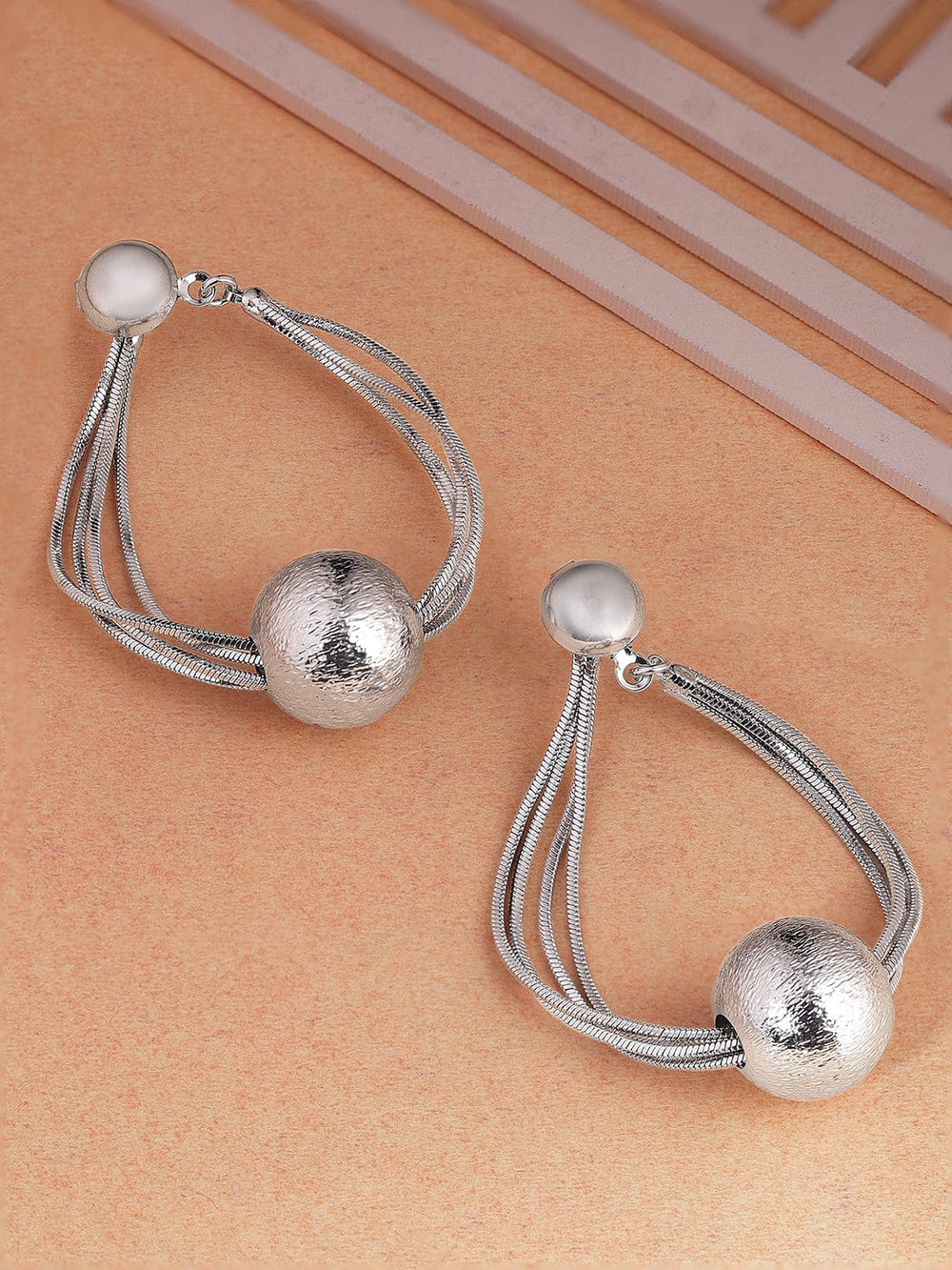 Rubans Silver-Plated Textured Ball and Multi-Strand Dangle Earrings for a Statement Look Earrings