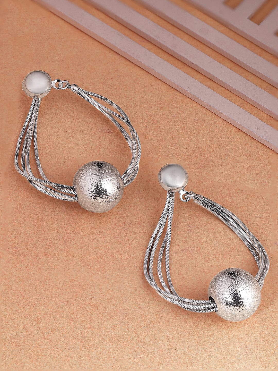 Rubans Silver-Plated Textured Ball and Multi-Strand Dangle Earrings for a Statement Look Earrings