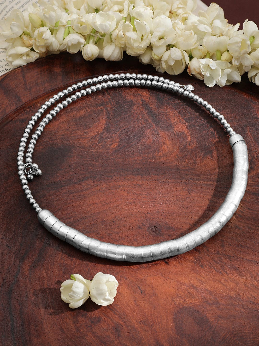 Rubans Silver-Plated Textured Bead Statement Choker Necklace Necklace & Chains