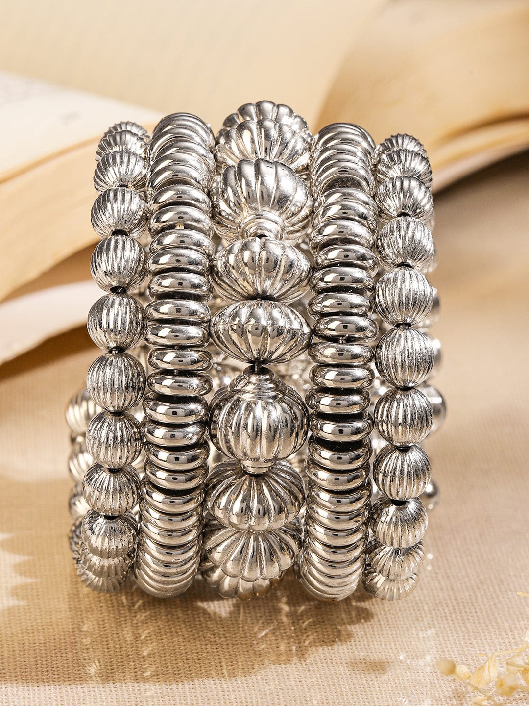 Rubans Silver-Plated Textured Beaded Statement Bracelet for Women Wristwear