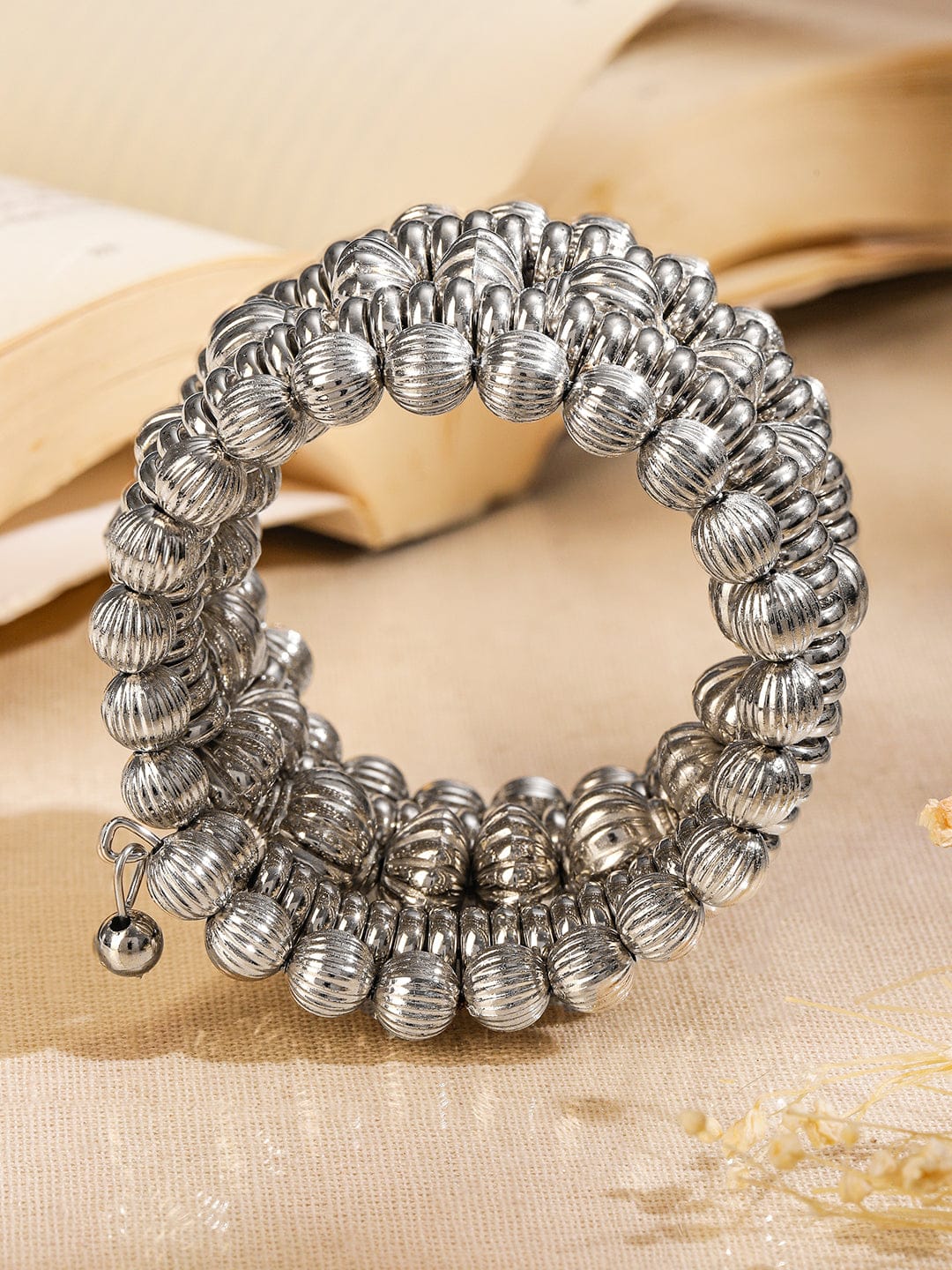 Rubans Silver-Plated Textured Beaded Statement Bracelet for Women Wristwear