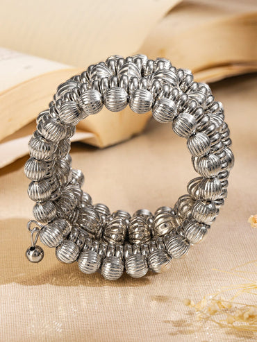 Rubans Silver-Plated Textured Beaded Statement Bracelet for Women Wristwear